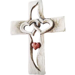 Carved Wooden Cross - Intertwined Hearts, Wall Hanging Hand Carved Wood Cross for Living Room Study Bedroom Office Decor (Red Heart Cross)(Red Heart Cross)