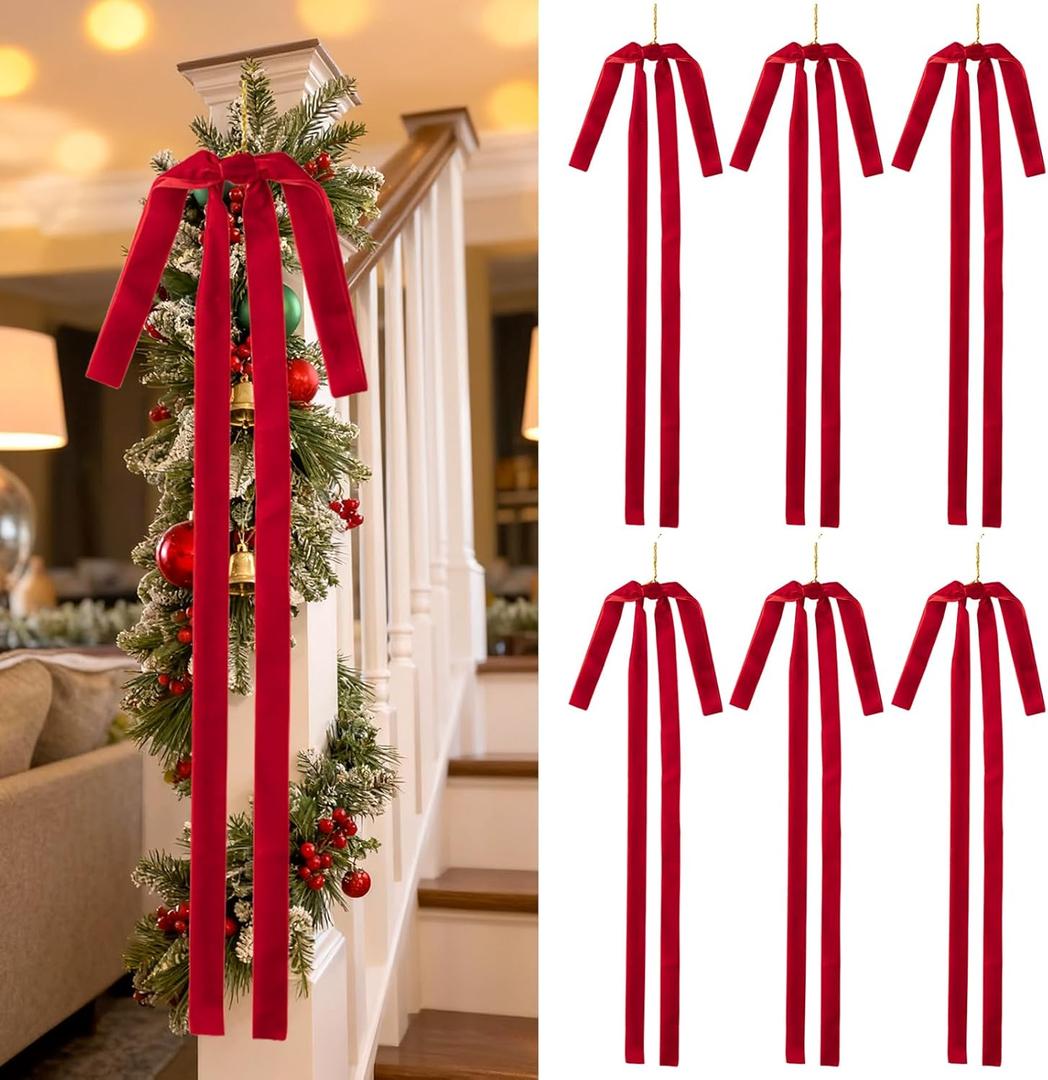 6 Pcs Long Velvet Christmas Swag Bows, 23.5"x15.5" Rustic Vintage Velvet Bows for Christmas Tree, Wreath, Staircase, Garland, Mantel and Door Decor (6, Red)