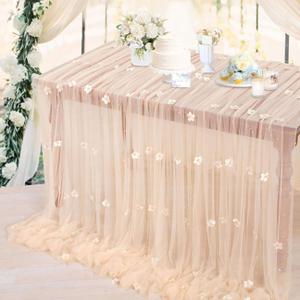 2 x Tulle Tablecloth Wedding Table Decor: 10ft Flower Pearl Table Runner Champagne Tulle Fabric Lace Tablecloth for Dessert Table Romantic Wedding Table Decor 60x120 Inch