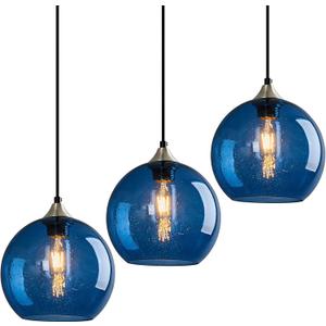 Blue Glass Pendant Lights Kitchen Island Lighting Globe Pendant Light Fixtures Modern Pendant Lighting for Kitchen Island Bedroom Living Dining Room Light Fixture(7.87in, 3-Pack)