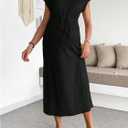OYOANGLE Women's Maternity Summer Casal Short Sleeve Midi Dress Drawstring Waist Textured Pregnancy T Shirt Dress (Black, M)
