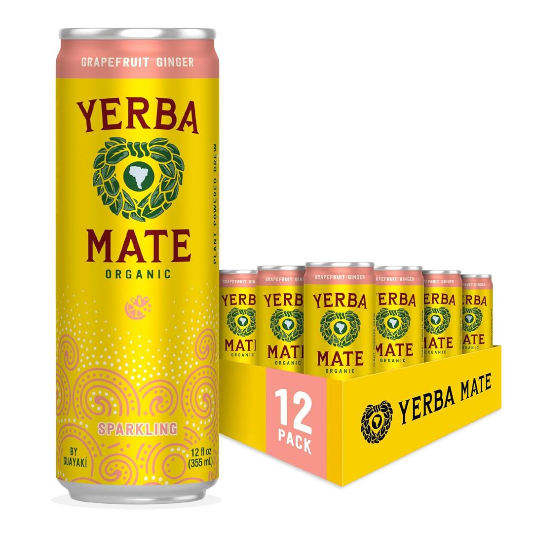 Yerba Madre Organic Sparkling Yerba Mate, Grapefruit Ginger, 80mg Natural Plant Based Caffeine, Smooth Energy & Focus, Carbonated, 12 Oz (Pack of 12) (Packaging May Vary)