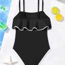 Girls Swimsuit One Piece Swimsuits Ruffle Solid Color Bathing Suit for Teens Contrast Trim Swimwear 9-16Y with Padded