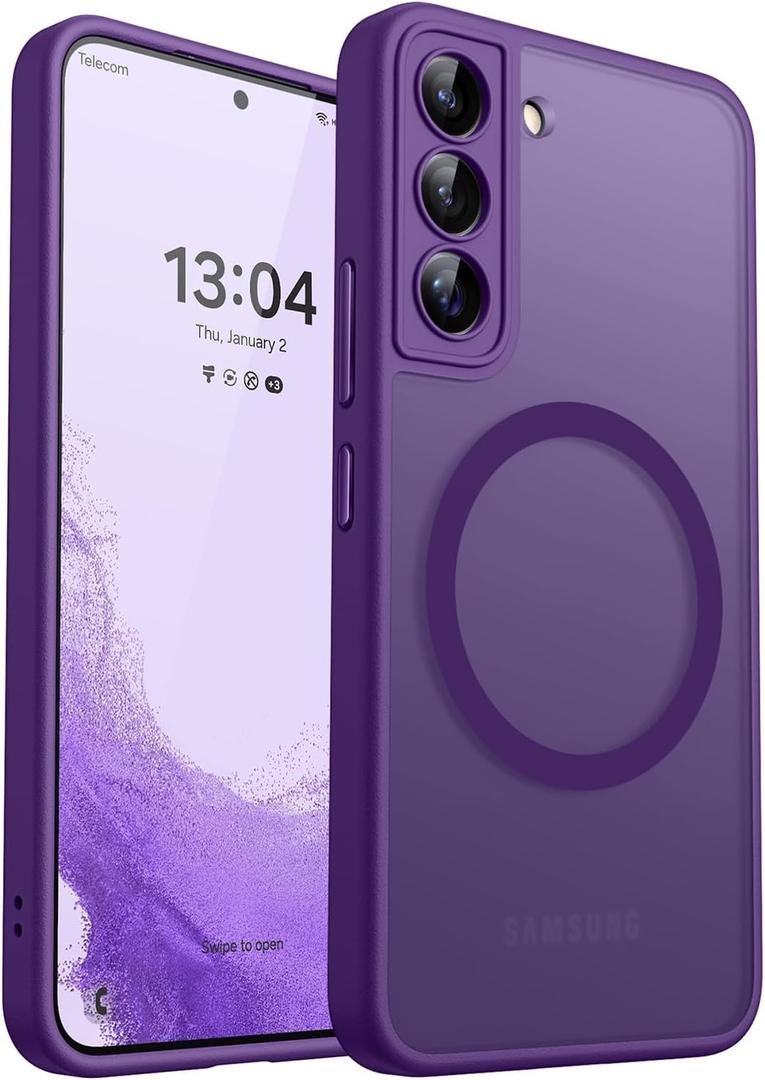 CANSHN Designed for Samsung Galaxy S22 Case [Full Camera Protection] [Compatible with MagSafe] Translucent Matte Shockproof Protective Phone Cover 6.1 Inch - Deep Purple