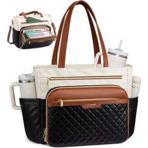 LOVEVOOK Teacher Tote Bag with Accordion File Pocket, Soft PU Leather Work Briefcase Quilted Laptop Bag with Large Cup Holder