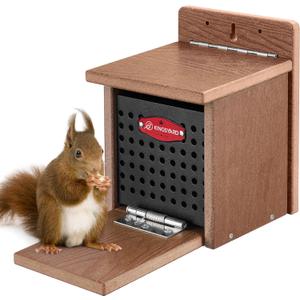 Kingsyard Squirrel Feeder Box for Outside, Recycled Plastic Squirrel Feeder with Removable Metal Front Panel & Perch, Easy to Fill & Clean, Weather-Proof Roof (Brown)