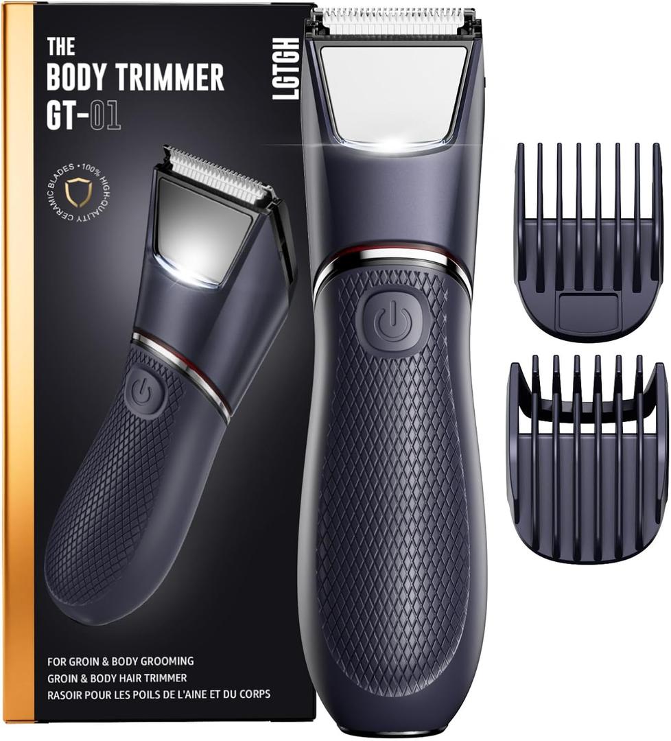 Body Trimmer for Men: Pubic Hair Trimmer with Mirror & LED Light - IPX7 Waterproof Wet or Dry Use for Chest/Back/Groin -Ceramic Blades & Travel Lock - No Nicks/Cuts Ball Shaver