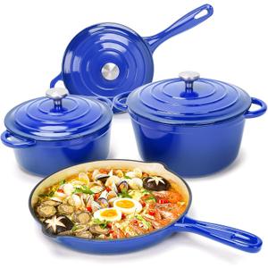 Hisencn 7-Piece Enameled Cast Iron Cookware Set-Dutch Ovens, Skillet & Saucepan with Lids- Ceramic Coated, Heavy Duty, Gas/Induction Compatible, Oven Safe to 550F, PFOA-Free, Cobalt Blue Hisencn 7-Piece Enameled Cast Iron Cookware Set-Dutch Ovens, Skillet & Saucepan with Lids- Ceramic Coated, Heavy Duty, Gas/Induction Compatible, Oven Safe to 550F, PFOA-Free, Cobalt Blue