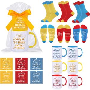 Capoda 6 Sets Employee Appreciation Gifts Bulk Inspirational Thank You Staff Mug Gift Set 12 oz Staff Inspirational Mugs Socks Thank You Tags Ribbons Cellophane Bags for Team Teacher Coworker