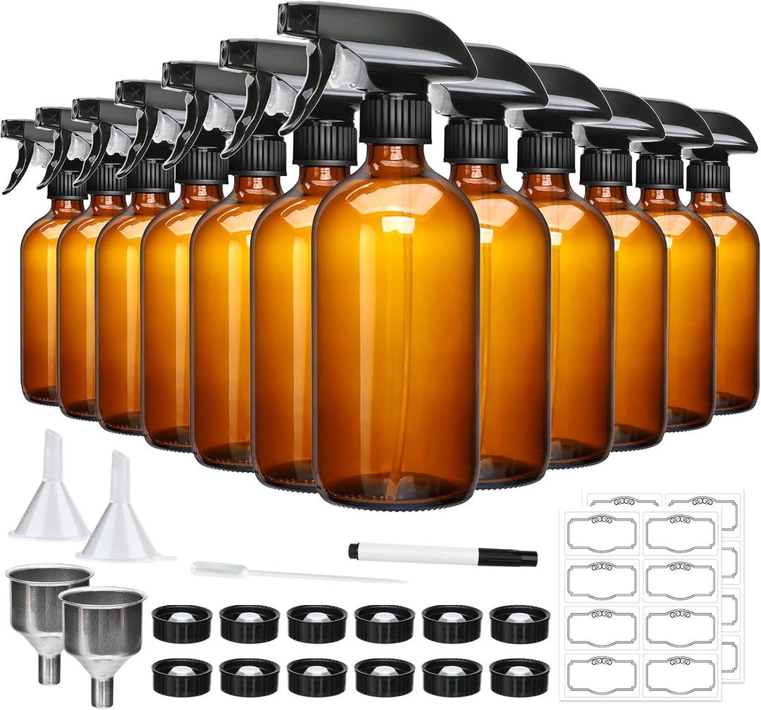 16oz Amber Glass Spray Bottles,Glass Spray Bottles for Cleaning,spray Bottle for Hair,Amber glass Spray Bottle for Window cleaner, plants, aromatherapy, facial hydration, hair care, flowers 12pcs
