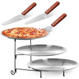 Domensi 7pcs Pizza Pan Riser Stands Sets Includes 1pcs Tiered Tray Stand 3 Stainless Steel Pizza Pan and 3 Wood Handle Knife for Tables Party Restaurant