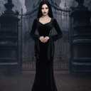 Morticia Addams Goth Dress,Women Bodycon Velvet Floor Length Costume (Black, L)