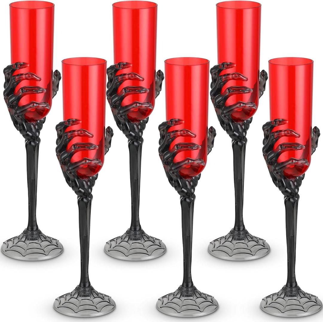 Dandat 6 Pcs 4.6 oz Halloween Goblets with Skeleton Hand Plastic Champagne Flutes Halloween Cups for Party Decoration Creepy Spooky (Black, Red)