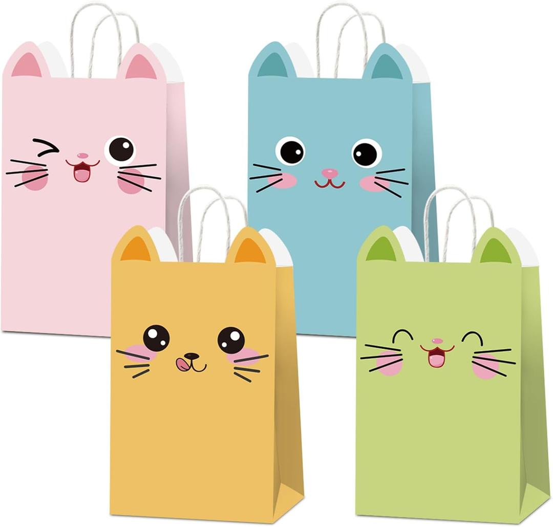 ZOIIWA 12 Pcs Cat Gift Bag with Handles Cat Party Favors Cartoon Doll Birthday Decorations Cute Kitten Goodie Paper Bags for Kids Boys Girls Baby Shower Adopt a Pet Party Favors
