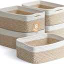 5 Pack Small Woven Storage Baskets for Shelves, Cotton Rope Baskets Organizer for Bathroom, Closet & Nursery, Decorative Storage Bins for Organizing Socks, Toys, 11.8"x7.9"x4.7", Khaki/White