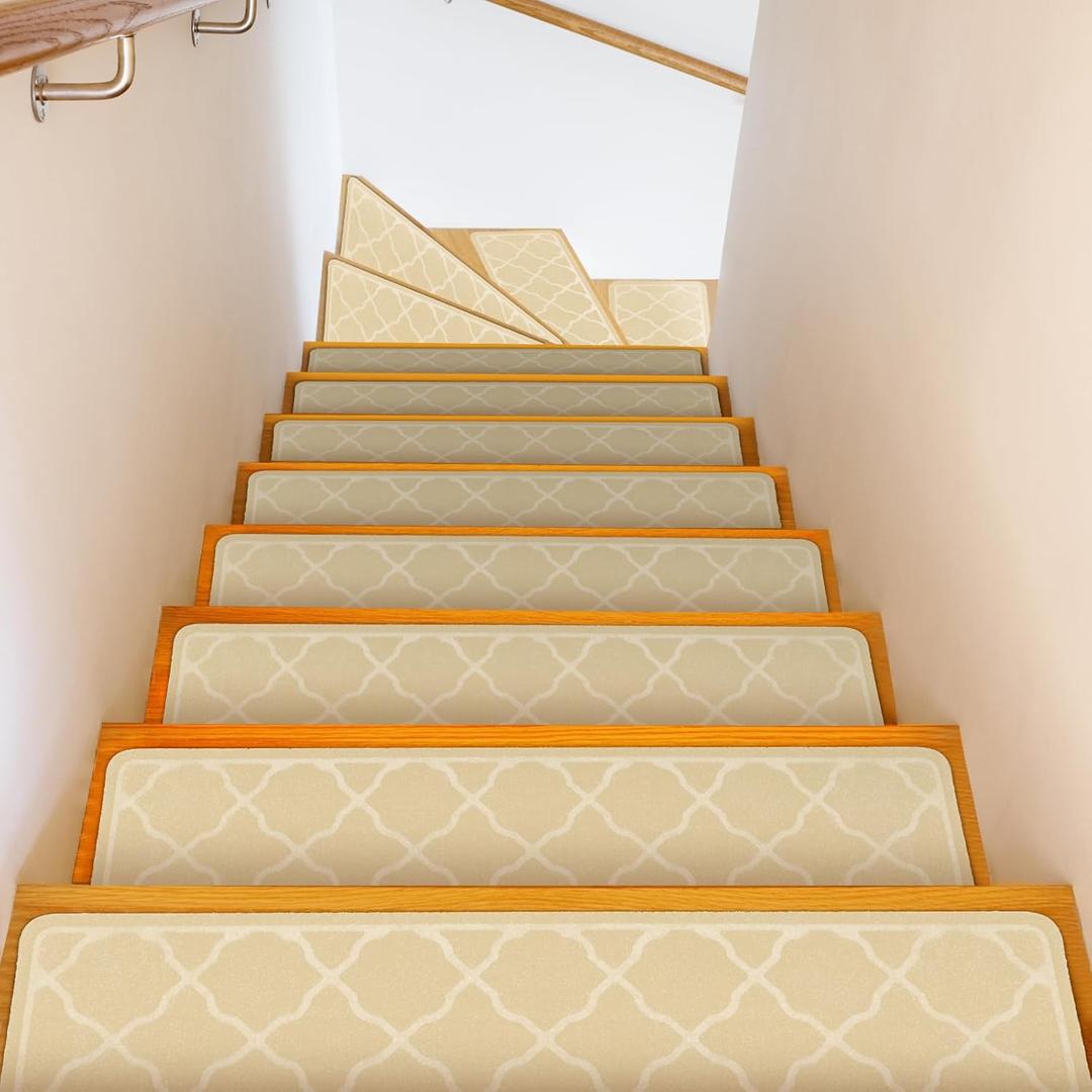 Stair Treads Non-Slip Carpet Indoor, 15 Packs 30X8in Stair Carpet Runners for Wooden Steps with Reusable Adhesive for Kids Elders, and Dogs, 100% Polyester Surface TPR Backing Stair Rugs, Beige
