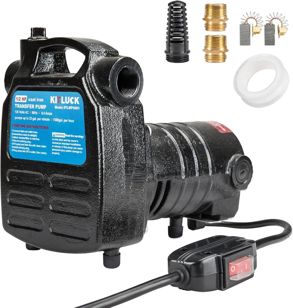 Water Transfer Pump, KITLUCK 120V 1/2 HP 1500GPH Cast Iron Portable Electric Utility Water Pump, Heavy Duty High Pressure Transfer Pump with ON/OFF Switch, Suction Strainer and Brass Connectors