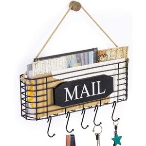 SRIWATANA Rustic Mail Key Holder, Mail Organizer Wall Mount with 5 Hooks Large, Black