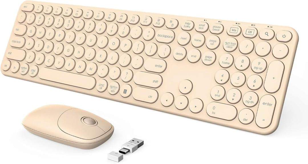 seenda Wireless Keyboard and Mouse, USB & Type C 2-in-1 Receiver, SK73-3 Full Size Brown Wireless Keyboard Mouse Combo, Compatible for Windows, MacBook Pro/Air, Laptop, Desktop, PC - Khaki