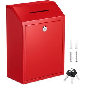 Yaocom Metal Money Donation Cash Box Collection Safe Suggestion Box with Lock Wall Mounted Mailbox Delivery Ballot Container for Home Office Outdoor Farmstand(Red,11.81 x 8.58 x 4.72 Inch)