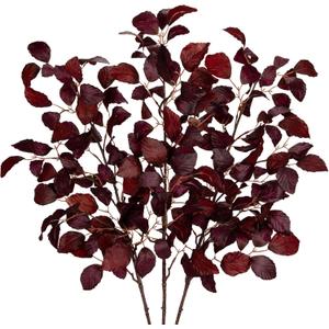3PCS Artificial Fall Leaf Stems Autumn Leaves Fake Fagus Sylvatica Folige Burgundy Faux Beech Leaf Branch, Long Stems for Floral Arrangements Autumn Decoration