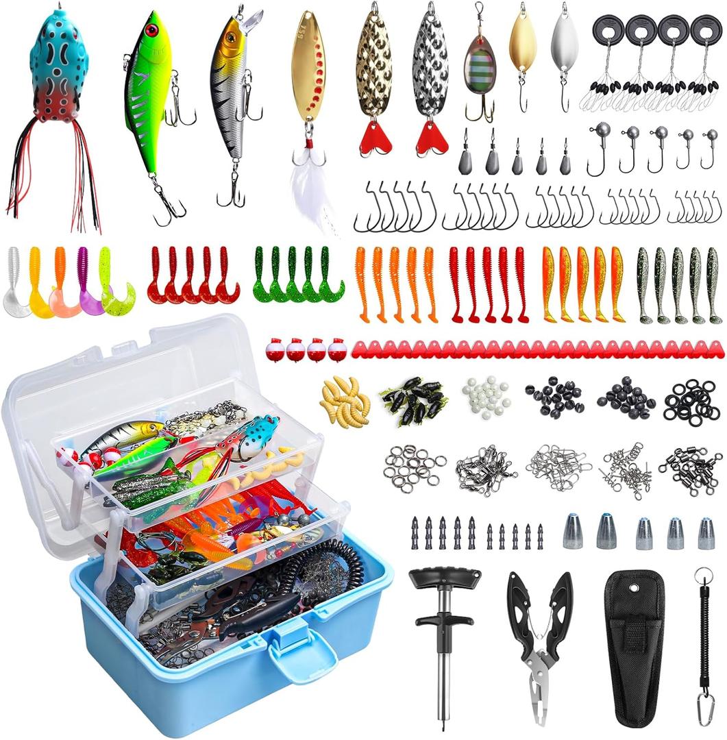 FUNANASUN 315PCS Portable Fishing Lures Tackle Box with Pliers & Hook Remover, 3-Tier Compact Organizer, Crankbaits/Swivels/Soft Baits, All-in-One Gear for Freshwater Saltwater