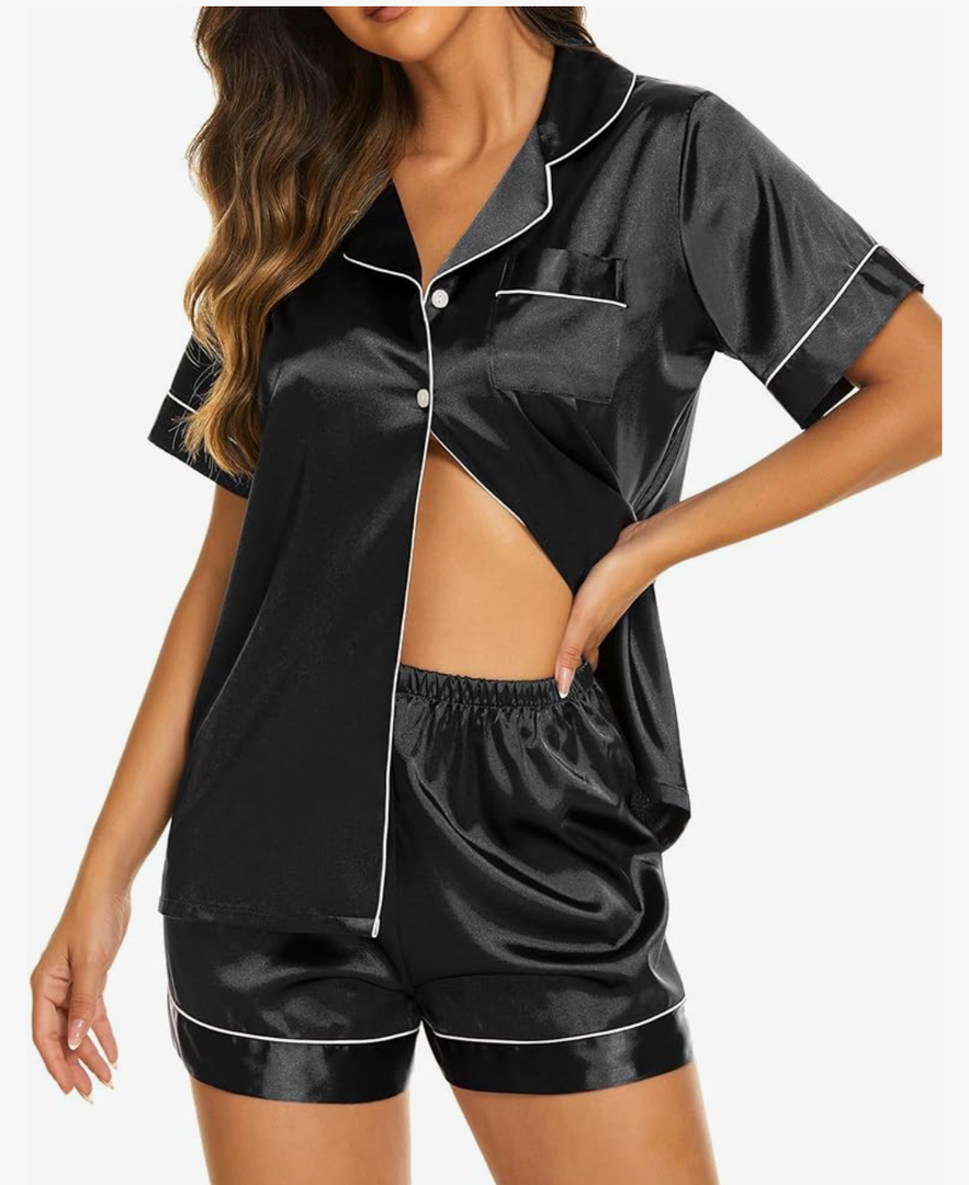 Ekouaer Silk Pajama Sets Womens 2 Piece Satin Pjs Short Sleeve Sleepwear Soft Cozy Button Down Loungewear Shorts Size M