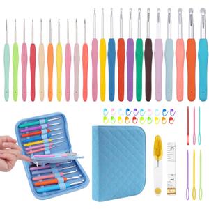 BsHooker 22 Sizes Crochet Hooks Set with Storage Case,0.5mm-10mm Crochet Hooks with Ergonomic Soft Handle for Arthritic Hands,Crochet Kit for Beginners,Blue