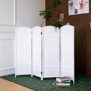4-Panel Short Room Divider, 3.9 ft Freestanding Partition Wall, Natural White Rattan Double-Sided Folding Screen for Living Room, Bedroom & Corner Privacy