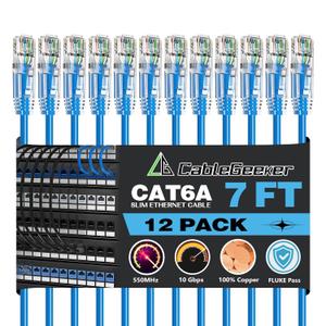 CableGeeker Patch Cables Cat6a 7ft (12 Pack) Slim, Cat6 Ethernet Patch Cable 10G Support, Snagless RJ45 Cat 6 Patch Cable for Patch Panel to Switch, Flexible Network Cable - 7 Feet Blue