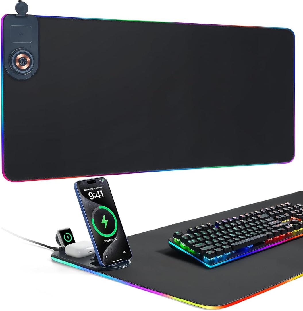 ELUTENG 4-in-1 RGB Gaming Mouse Pad with Phone Holder, Wireless Charging Desk Mat, Waterproof Ultra-Smooth Large Keyboard Pad, Non-Slip Base Home Office Desk Mat 35.43"x15.75"