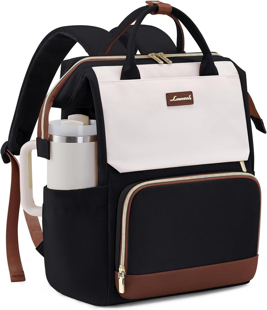 LOVEVOOK Laptop Backpack for Women with Giant Tumbler Holder Pocket, 15.6 inch Travel Work Backpack Purse for Nurse Teacher, Waterproof School Bag College Bookbag Cute Casual Daypack for Girls (Black White Brown)