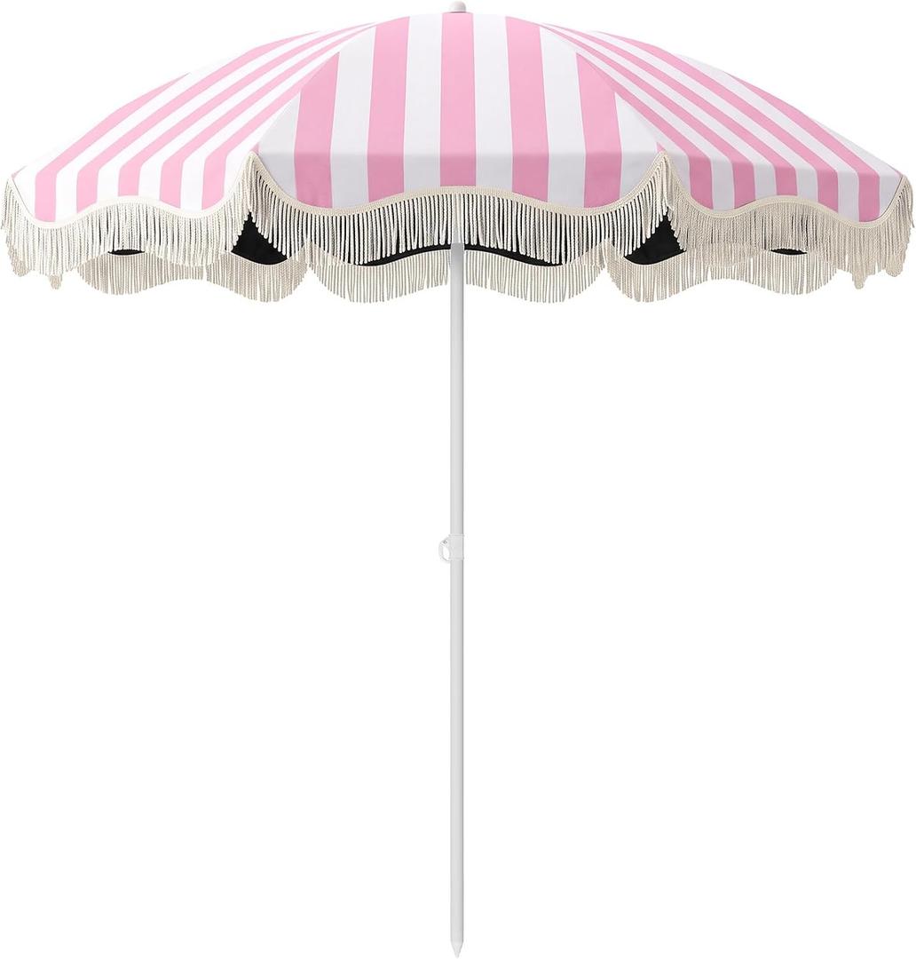 Klyyo Clyro 6.5 ft Patio Umbrella with Fringe, UPF 50+ UV Boho Outdoor Beach Umbrella with Carry Bag, UV Sun Protection Shade with Tassels for Garden, Deck, Backyard (Pink Strip,Standalone)