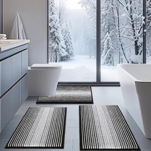 BSICPRO Bathroom Rugs Sets 3 Piece, Toilet Rugs U-Shaped Contour Bath Mat Set, Striped Absorbent Non Slip Chenille Shower Mat, Black