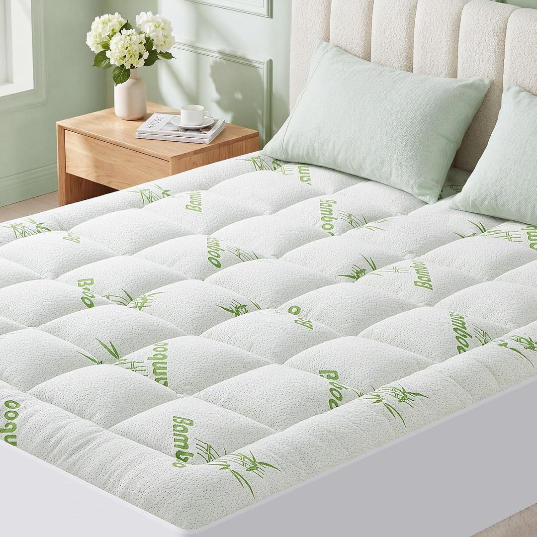 Full XL Size Mattress Topper Viscose Made from Bamboo, Extra Thick Quilted Pillow Top, Naturally Cooling & Breathable for Hot Sleepers, Back Pain Relief, Deep Pocket Skirt Fits 6-18", Green