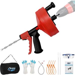Drain Snake 25 Ft with Drill Attachment, Auto Feed 1/4 Inch Plumbing Snake for Sink, Shower & Tub Clogs, Manual or Drill-Powered Drain Auger, with Gloves, Safety Glasses & Storage Bag