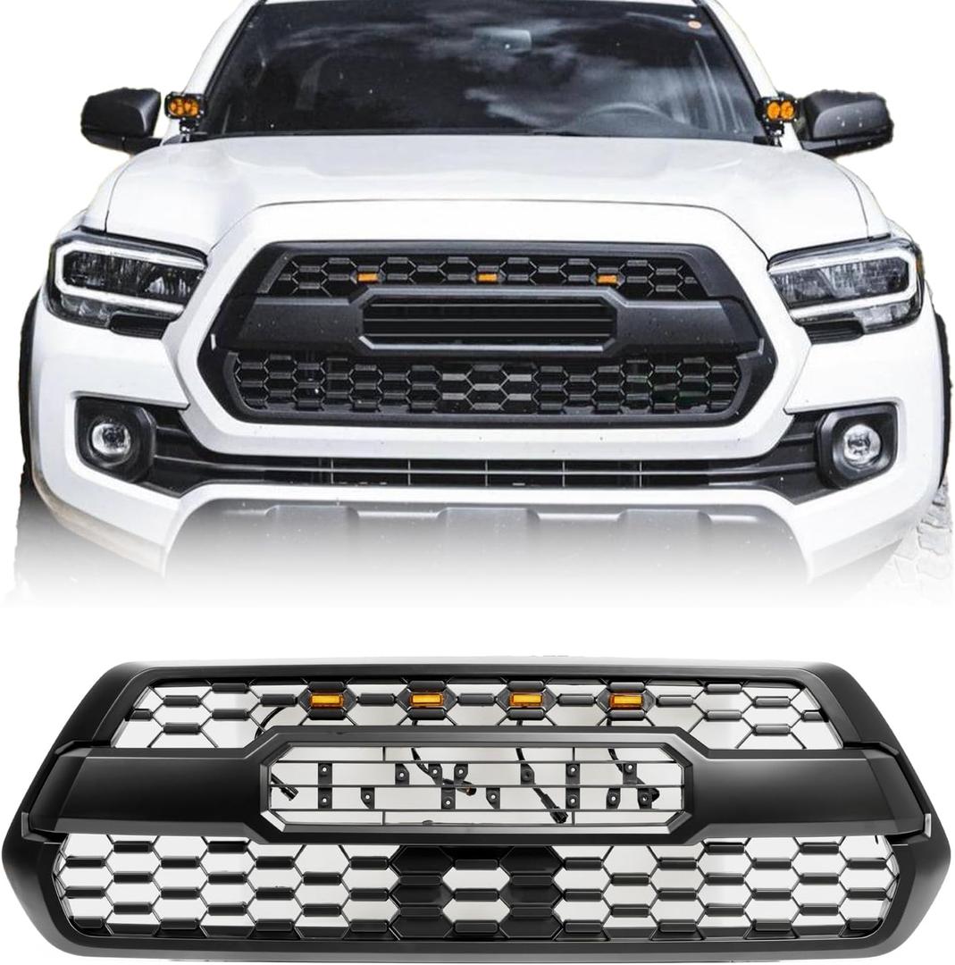 Front Grill Compatible With Toyota Tacoma SR SR5 TRD 2016-2023 Matte Black Front Bumper Grille With Accessories/Letters/Amber Light Up