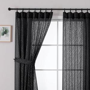 OWENIE Max Pinch Pleated Sheer Curtains for Bedroom Living Room Small Window 54 Inch Length 2 Panels Set, Light Filtering Leaf Jacquard Clip Kitchen Window Curtains, Black, Each 42x54 Inch