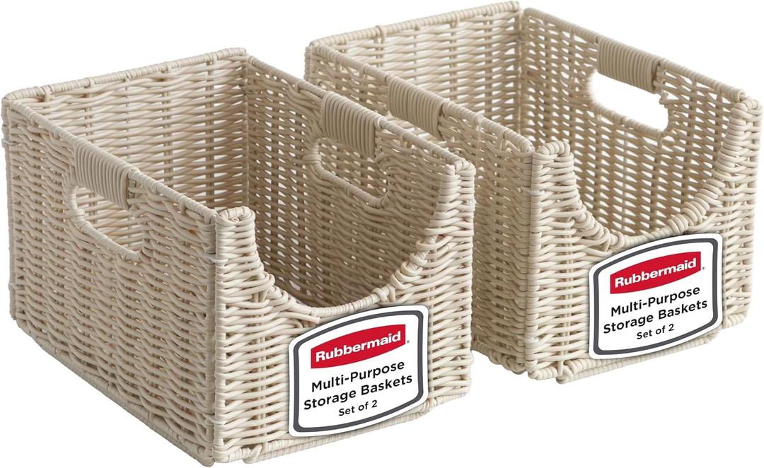 Rubbermaid Woven Storage Baskets - Set of 2 Stackable and Collapsible Bins with Handles, Small Resin Rattan Organizers for Shelves, Closet, Bathroom, Bedroom, 11.5” x 8”, Ivory