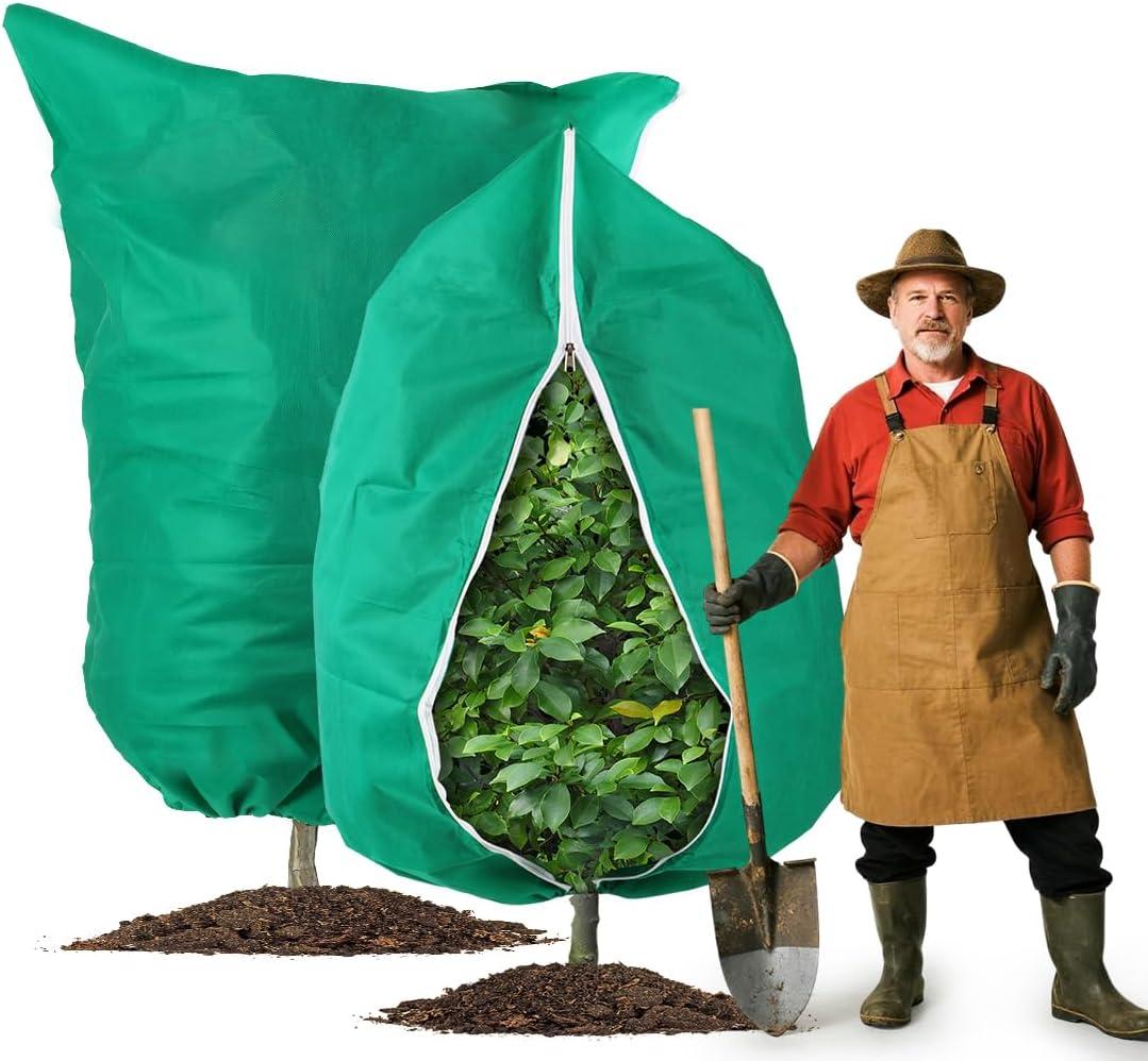 RooTrimmer Plant Covers Freeze Protection 2-Pack, 47.3" x 70.9" Frost Covers with Zipper Drawstring, Outdoor Winter Frost Cold Weather Shrubs Trees Jacket Covers Green