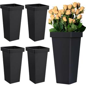 4 Pack Flower Buckets for Cut Flowers -13.4 Inch Plastic Floral Buckets Modern Square Vases for Centerpieces Display Decorative Plastic Vases for Home Office Wedding Decorations, Black