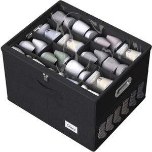 Shoe Organizer for Closet, Large Shoe Box Storage Containers with Clear Window, Space Saving Shoe Bin with Foldable Bottom Support Adjustable Dividers - Fits 16 Pairs (Black, (19.7*15.7*13)x1)