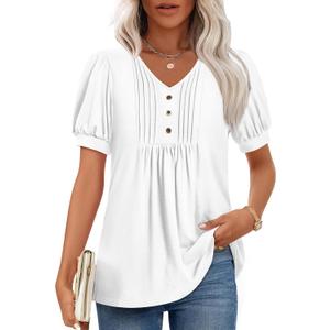 Findsweet Women's Summer tunic Tops Casual Dressy Blouses Short Sleeve Shirts L, White