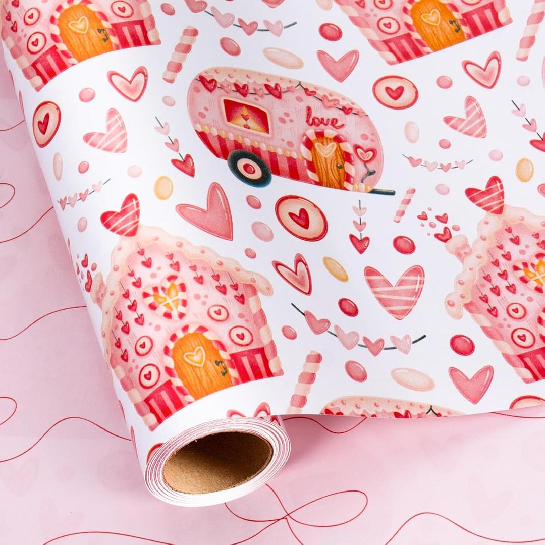 MAYPLUSS Valentines Day Wrapping Paper, Pink Heart Wrap Paper Love Car House Gift Wrapping Roll for Girl Anniversaries Romantic Celebration, 17IN X 16.5FT