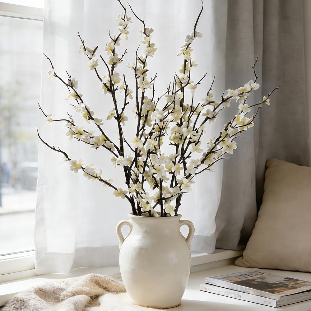 LESING 4pcs Cherry Blossom Flowers Artificial, Fake Silk Cherry Blossom Branches Tall Peach Blossom Flower Stems Arrangement for Wedding Home Office Party Decoration (White -2)