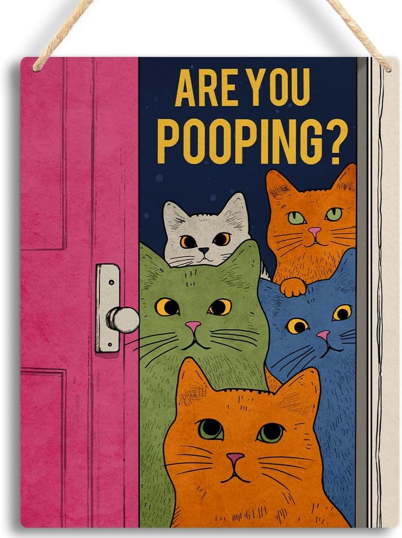 Funny Bathroom Cat Sign - Are You Pooping Wooden Wall Decor for Toilet Restroom, Humorous Cat Bathroom Wall Art, Funny Bathroom Decor Gift, 8x10 Inches - C02