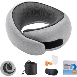 Travel Pillows for Airplanes, 360 Surround Support Memory Foam Airplane Neck Pillow, Comfortable Eye Masks and earplugs, Portable Washable Design for Long Flights, Car Rides & Road Trips (Grey)