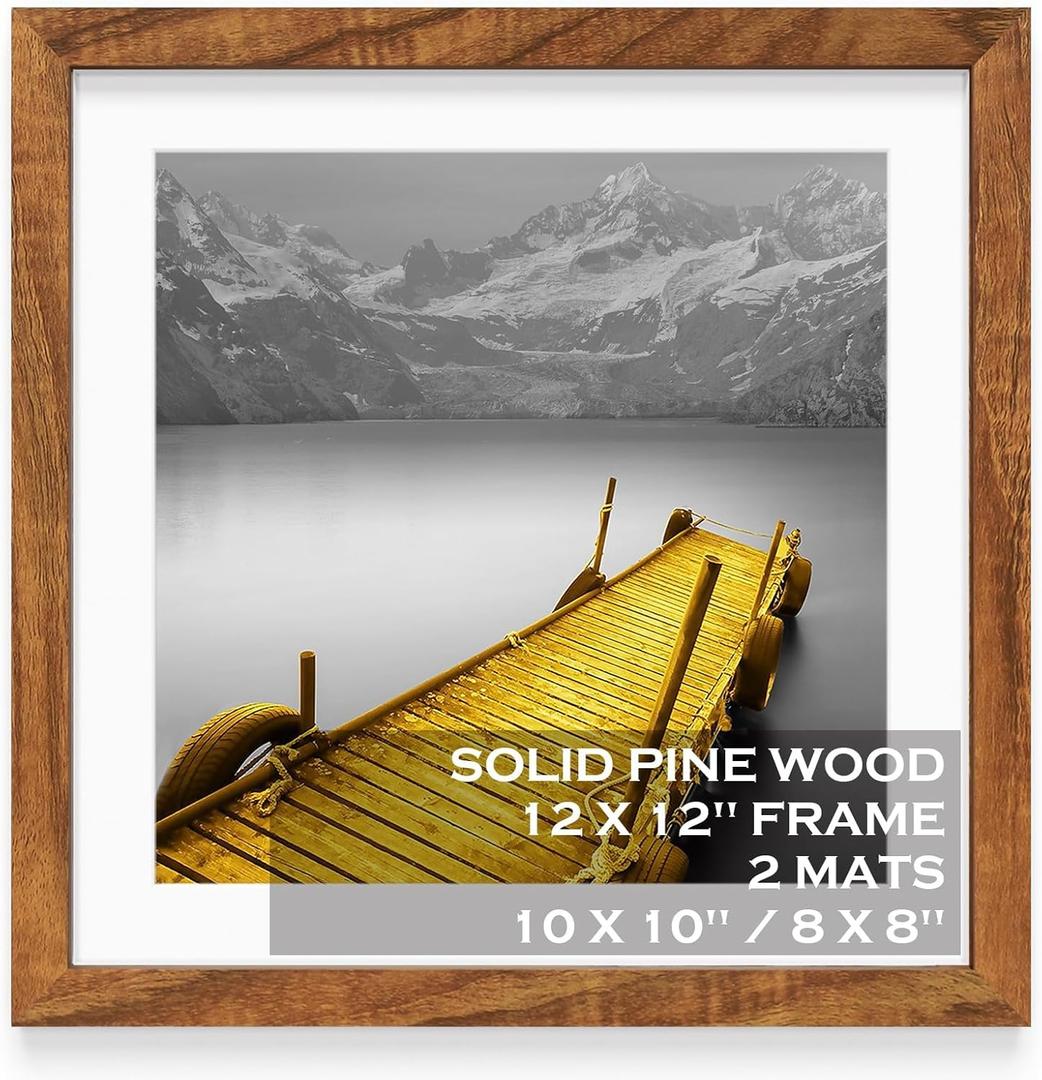 12x12 Picture Frames Solid Wood Display Pictures 10x10 or 8x8 with Mat or 12x12 without Mat - 12x12 Inch Square Photo Frames with 2 Mats for Wall or Tabletop Mount, 1 Pack