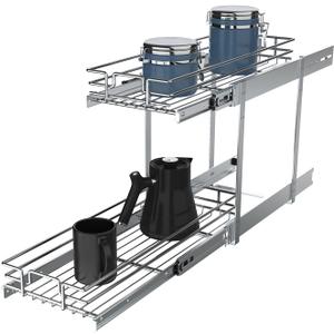 2 Tier Pull Out Cabinet Organizer, 9" W x 21" D Heavy-Duty Metal Sliding Drawer Shelf for Kitchen Cabinets, Chrome, Doesn't Include Door Fittings
