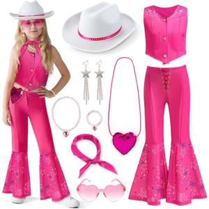 Cowgirl Costume Girls Kids Disco Western Rodeo Dress Up Outfits for Halloween Birthday Cosplay Party (140(7-8 Years), Hot Pink)